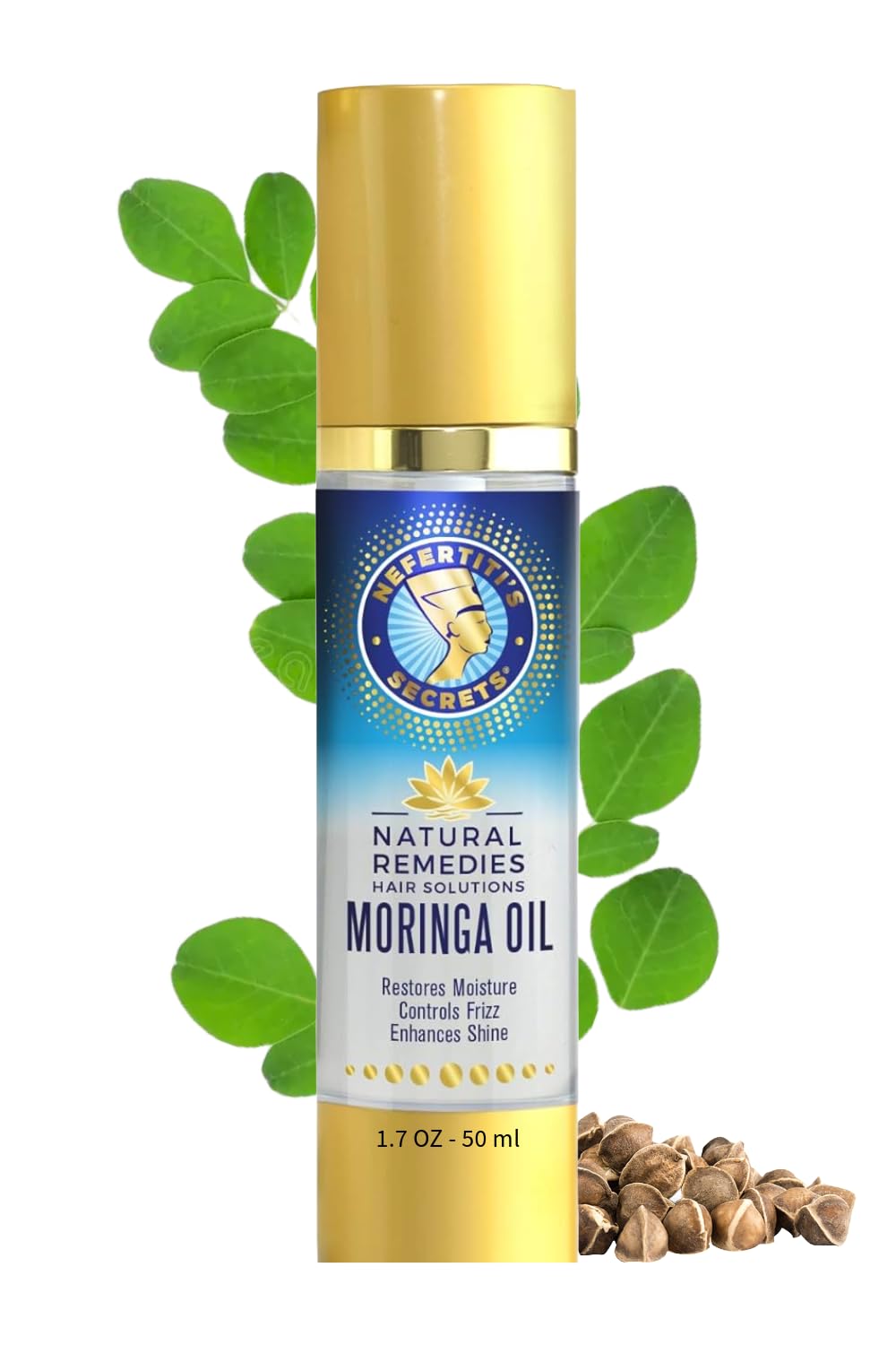 Nefertiti's Secrets moringa oil bottle glows amber, delivering hair nourishment.