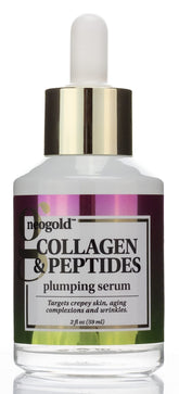 Neogold Collagen and Peptides Serum bottle close-up showing hydrating, plumping action.