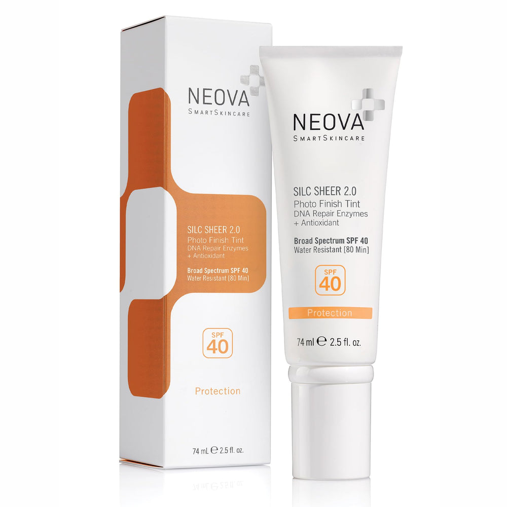 NEOVA Silc Sheer 2.0 bottle showing tinted sunscreen for everyday SPF 40 protection.