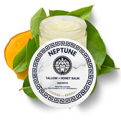 Neptune Health Tallow and Manuka Honey Balm jar showing rich texture for skin.