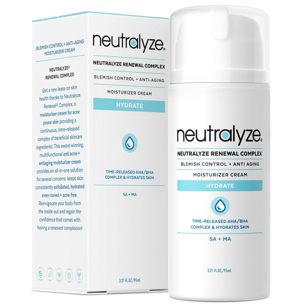 Neutralyze Renewal Complex bottle close-up, showing a fast-absorbing acne moisturizer.
