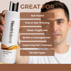 Neutriderm Hair Enhancer Shampoo application on scalp demonstrates nourishing cleansing action.