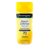 Neutrogena Beach Defense SPF 70 bottle in sunlight showing broad spectrum protection.