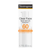 Neutrogena Clear Face Serum Sunscreen bottle front view offers lightweight SPF 60 protection for daily use.