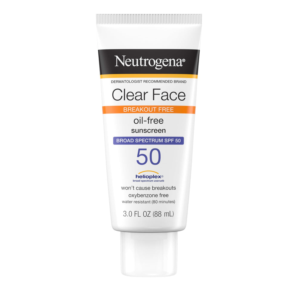 Neutrogena Clear Face Sunscreen bottle demonstrates oil-free protection with a matte finish for oily skin.