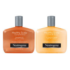 Neutrogena Exfoliating Healthy Scalp Shampoo bottle promotes refreshed scalp and shiny hair