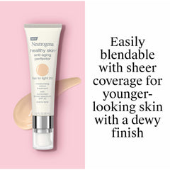Neutrogena tinted moisturizer swatch on skin shows natural dewy finish.