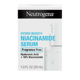 Neutrogena Hydro Boost+ Niacinamide Serum bottle highlights hydration for a refreshed complexion.