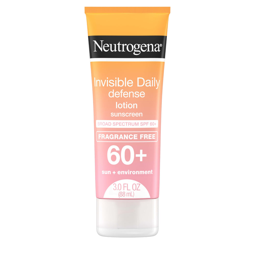 Neutrogena Invisible Daily Defense sunscreen lotion on skin; clear finish for all tones, with sun protection