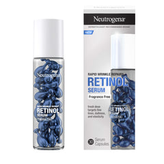 Neutrogena Rapid Wrinkle Repair packaging box showcasing fragrance-free serum capsules.