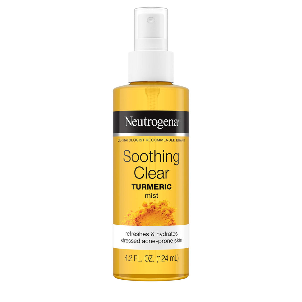 Neutrogena Soothing Clear Turmeric Mist bottle on a bathroom shelf for daily hydration.