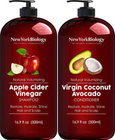 New York Biology apple cider vinegar shampoo bottle promoting clear scalp and shine.