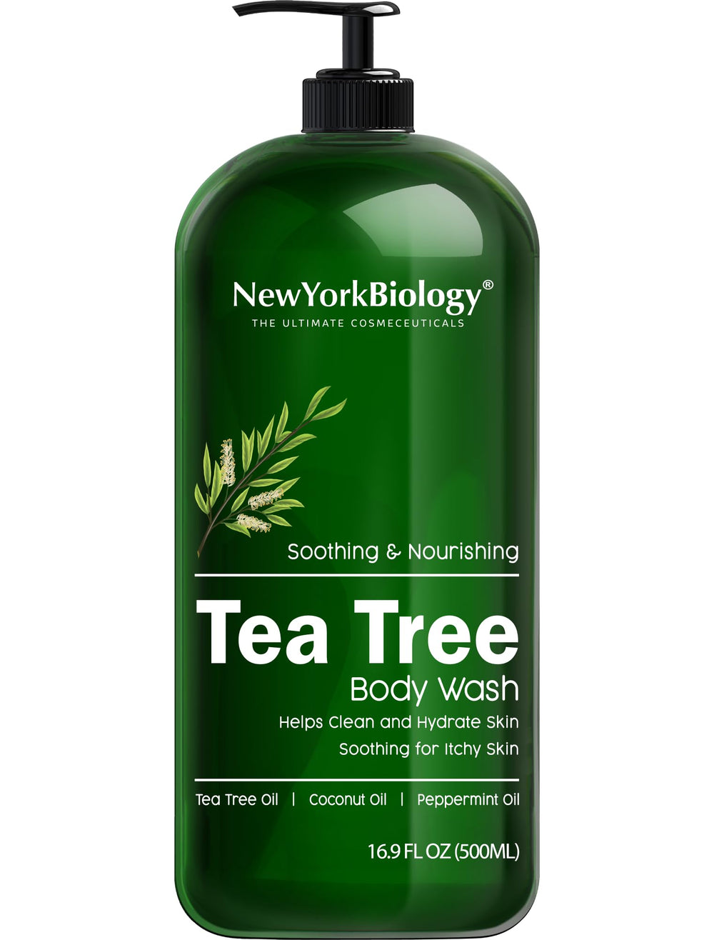 New York Biology Tea Tree Body Wash bottle front showing inviting cleansing action
