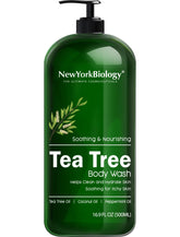New York Biology Tea Tree Body Wash bottle front showing inviting cleansing action