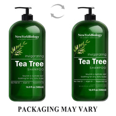 New York Biology Tea Tree Shampoo pour action demonstrating deep cleansing.