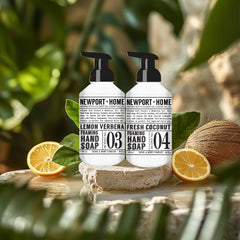 Newport Home foaming hand soap fresh coconut bottle highlighting tropical fragrance and moisturizing formula