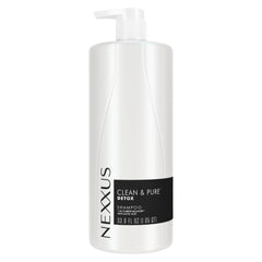 Nexxus Clean & Pure clarifying shampoo bottle front highlights detoxifying care for all hair types
