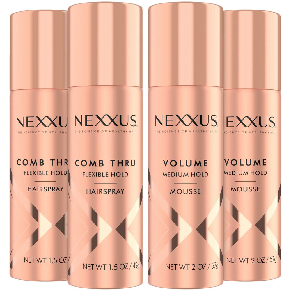 Nexxus Comb Thru flexible hold spray bottle showing brushable control.