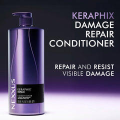 Nexxus Keraphix display shows shampoo and conditioner duo for a complete system.