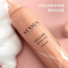 Nexxus Travel Mousse foam texture highlights airy, non-crunch finish.