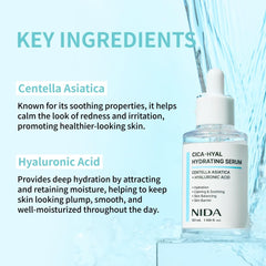 NIDA Centella Hydrating Serum droplet on skin demonstrates rapid absorption and soothing feel.