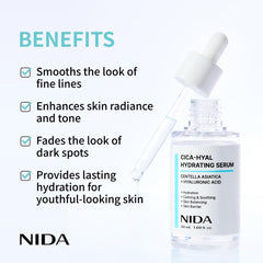 NIDA Centella Hydrating Serum texture swirl shows lightweight hydration and subtle glow.