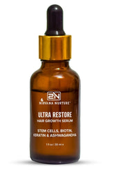 Nirvana Nurture Ultra Restore Serum bottle with potent blend for fuller hair growth potential.