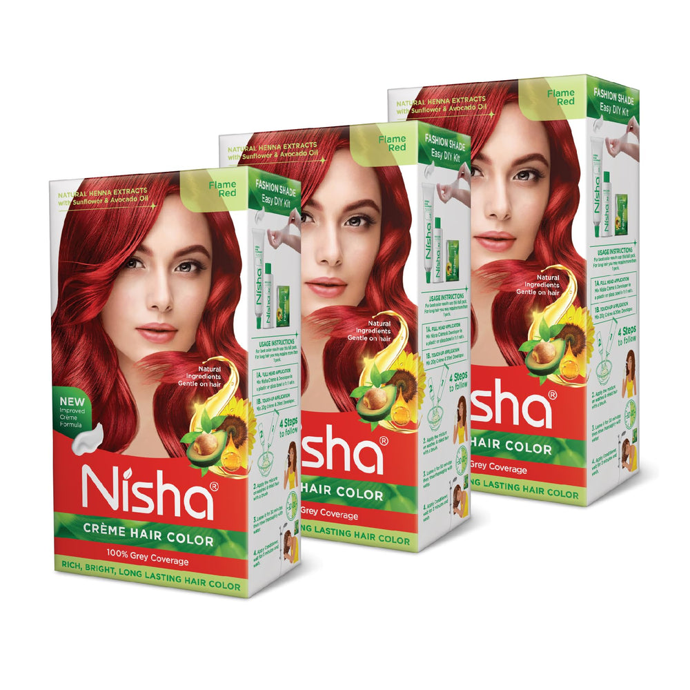 Nisha Creme Hair Color Flame Red bottle showing rich cream formula for even coverage.