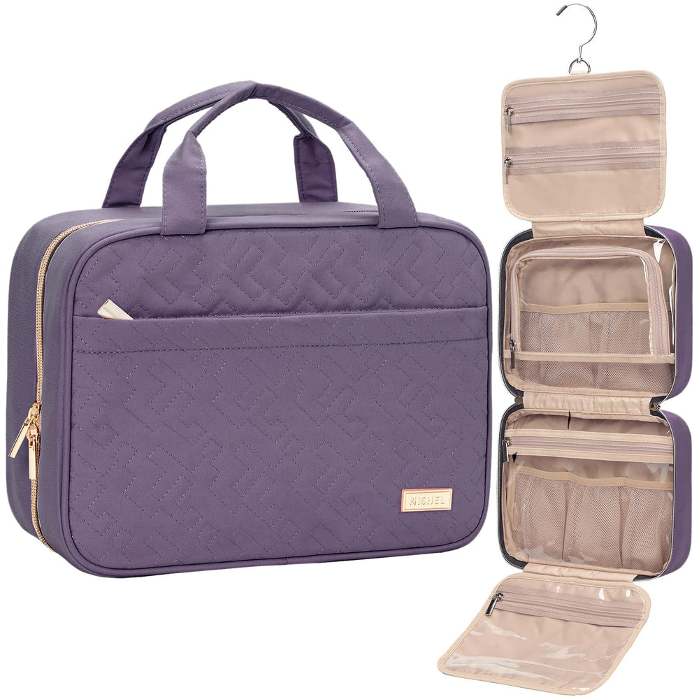NISHEL travel toiletry bag hanging purple feature for easy access on the go