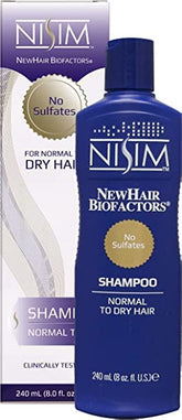 Nisim NewHair BioFactors Shampoo bottle showing clarifying formula for normal to dry hair