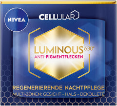 NIVEA Cellular Luminous630 Night Cream on face, neck, and decollete for overnight hydration and even tone