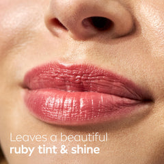 NIVEA Cherry Lip Care swatch shows ruby tint and subtle shine.