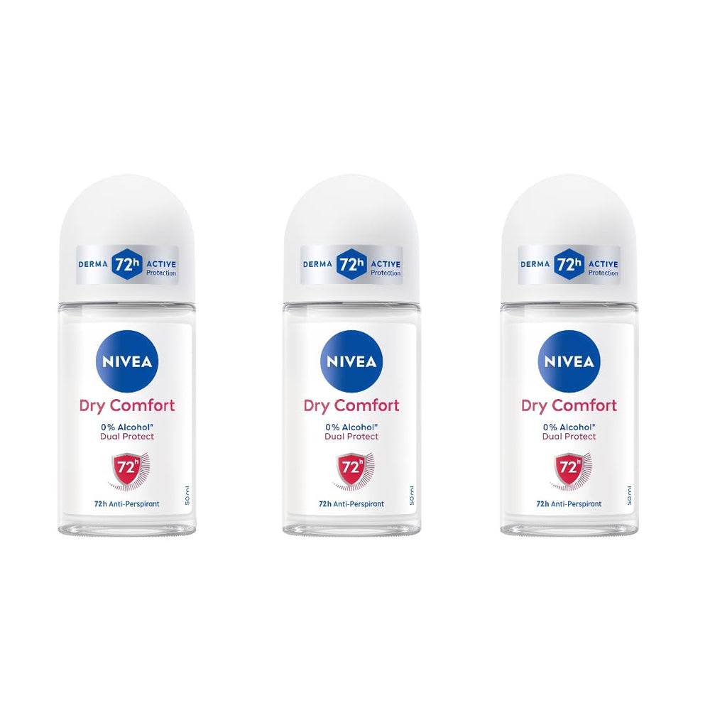 NIVEA Dry Comfort roll-on bottle close-up highlighting compact 50ml travel-friendly design.