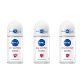 NIVEA Dry Comfort roll-on bottle close-up highlighting compact 50ml travel-friendly design.