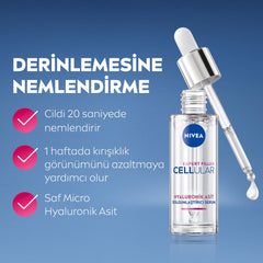Close-up of serum texture showing micromolecular hyaluronic acid benefits.