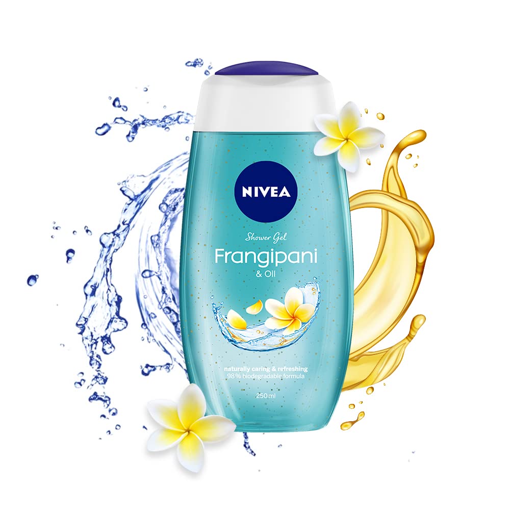 NIVEA Frangipani & Oil Shower Gel bottle pouring for a refreshing cleanse.