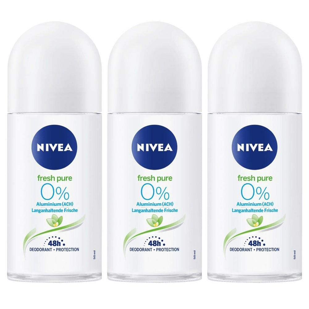 NIVEA Fresh Pure roll-on deodorant bottle, 3-pack of 50 ml, long-lasting freshness