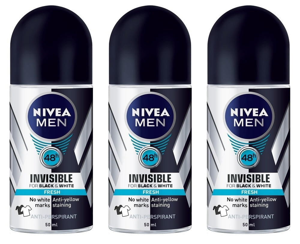 NIVEA Invisible for Black & White roll-on bottle 3-pack for all-day freshness.