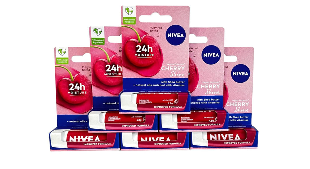 NIVEA Kiss of Cherry tinted lip care with SPF 10 for daily hydration and color.