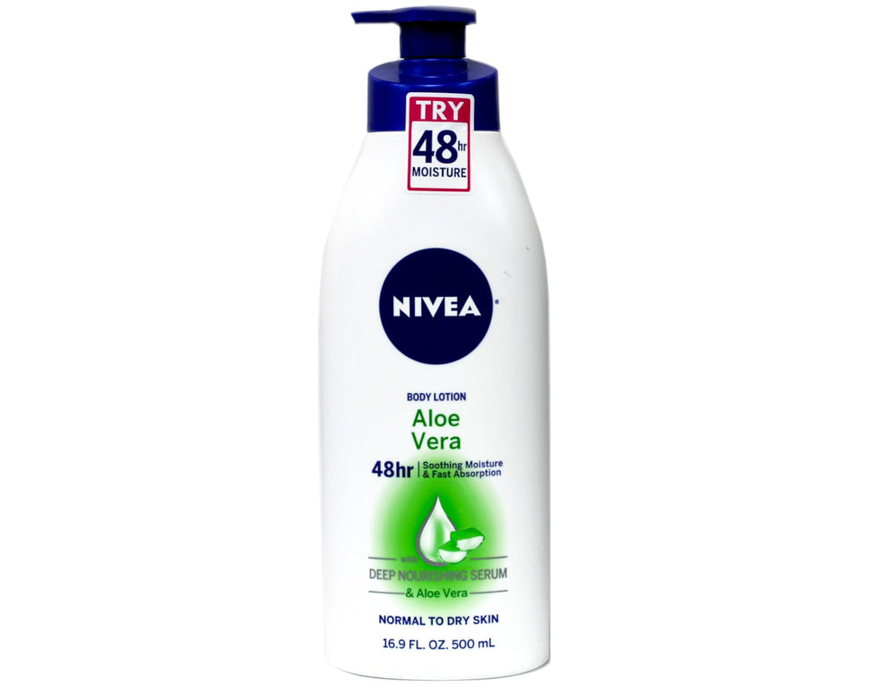 NIVEA Aloe Vera Lotion 48h pump bottle shows long-lasting moisture