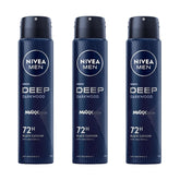 NIVEA Men Deep Black Carbon Darkwood aerosol trio for long-lasting protection.