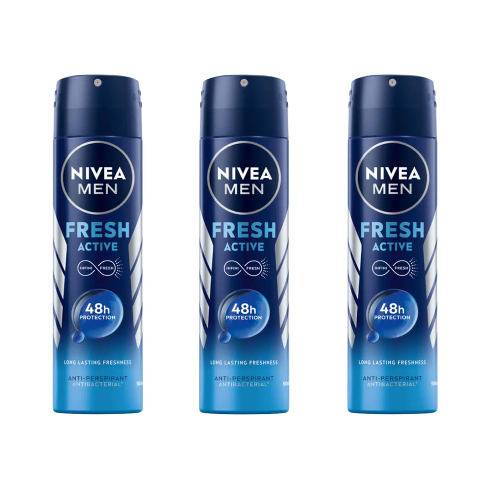 NIVEA MEN Fresh Active deodorant spray pack showing 0% aluminum and 48-hour protection