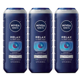 NIVEA MEN Relax bottle front with 3-in-1 formula for face, body, and hair.