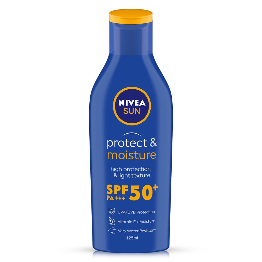 NIVEA Moisturising Sun Lotion SPF-50 bottle shown for daily moisturizing protection.
