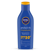 NIVEA Moisturising Sun Lotion SPF-50 bottle shown for daily moisturizing protection.