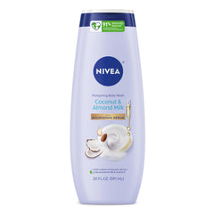 NIVEA Pampering Coconut and Almond Milk Body Wash bottle with Nourishing Serum for daily hydration.