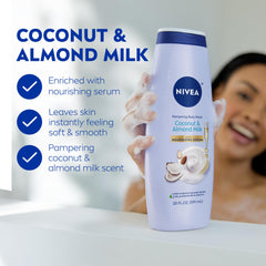 Close-up of Nourishing Serum element in the NIVEA Coconut and Almond Milk Body Wash bottle.