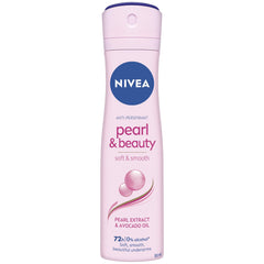 NIVEA Pearl Beauty Spray bottle close-up showing pearl extracts and 48h freshness.