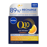 NIVEA Q10 Energy Night Cream bottle promoting overnight radiance and hydration