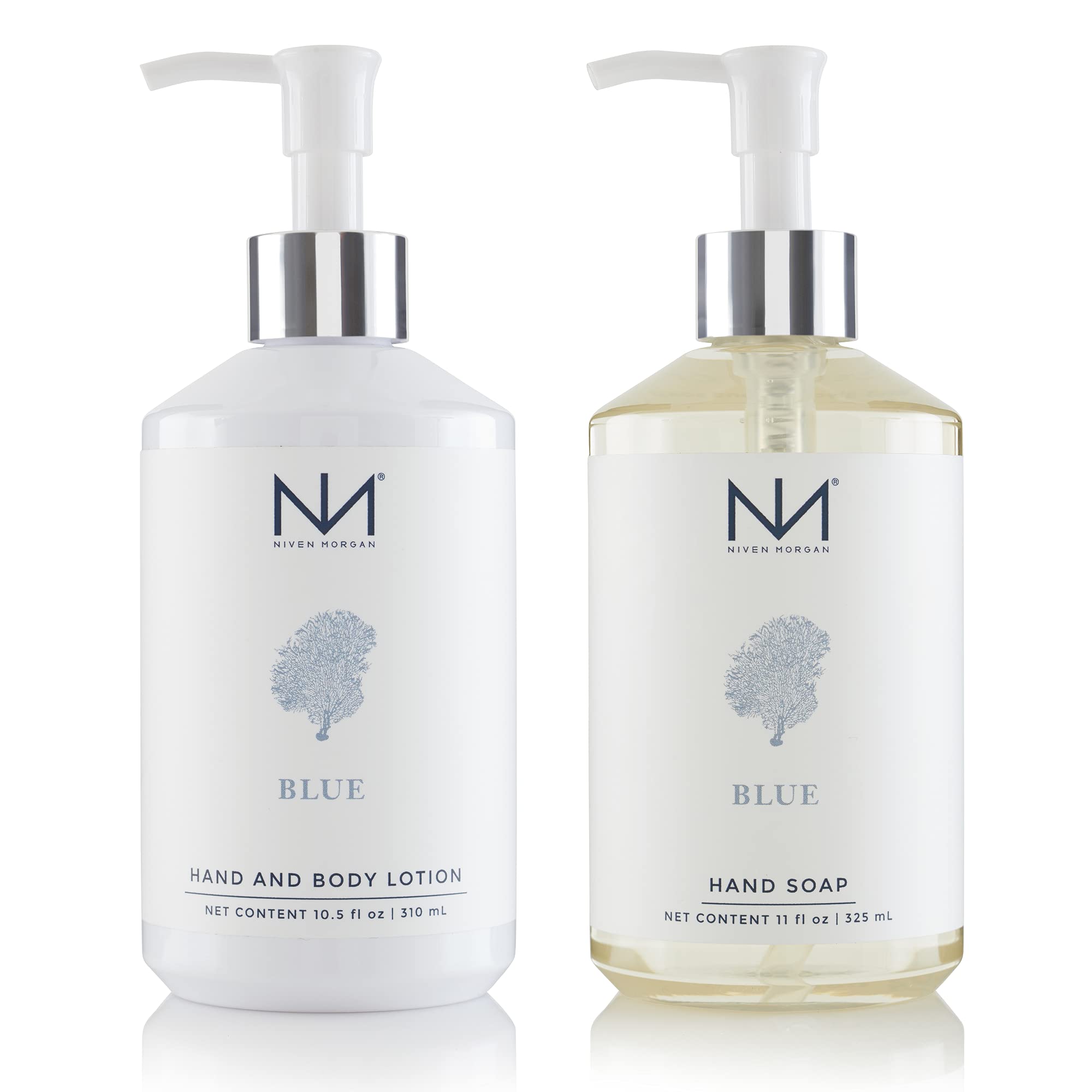 Niven Morgan Blue Hand Soap bottle highlighting refreshing, non-drying formula for daily hands.